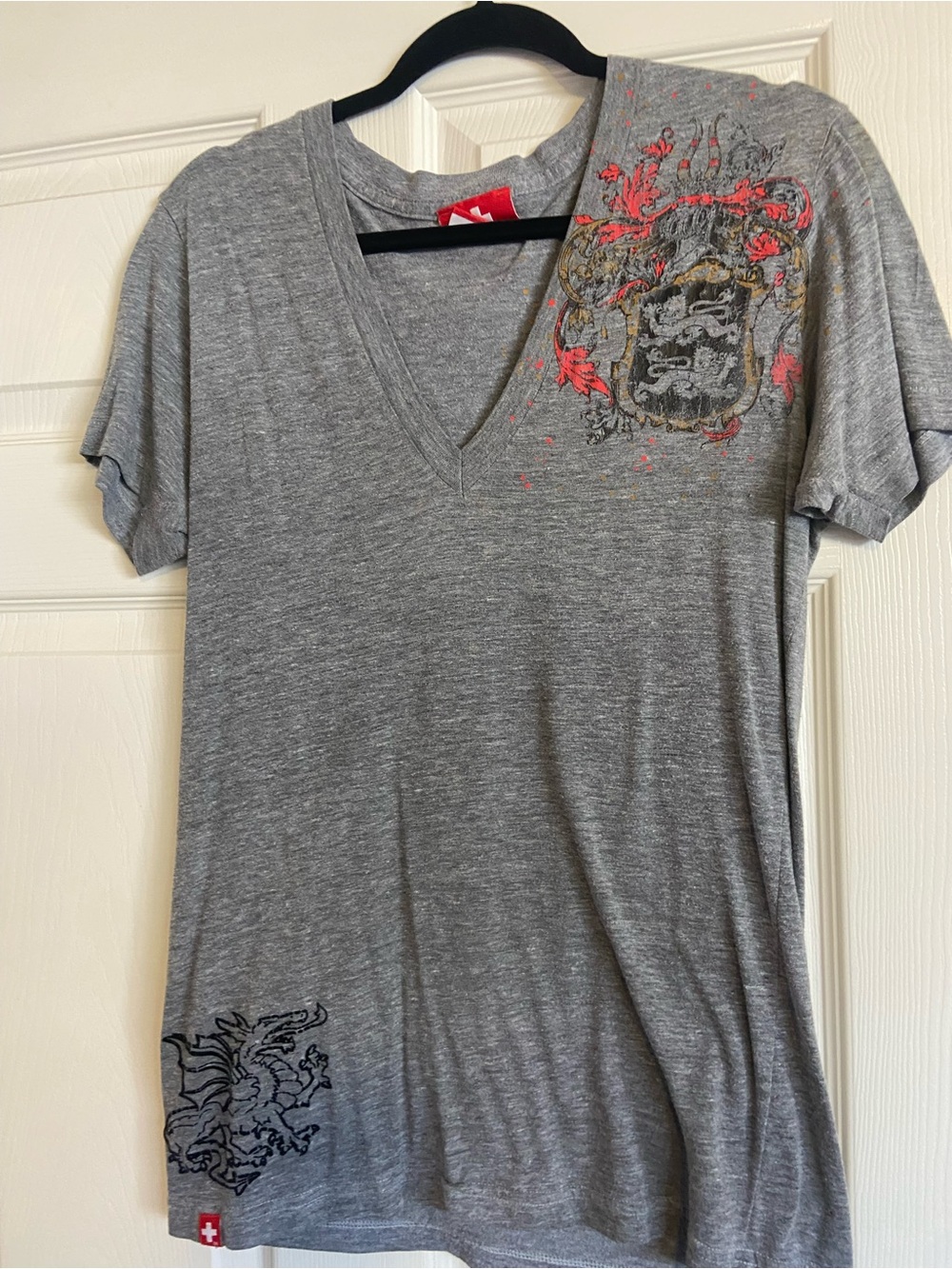 Andrew Christian Gray V-Neck Tee with Red and Gold Crest